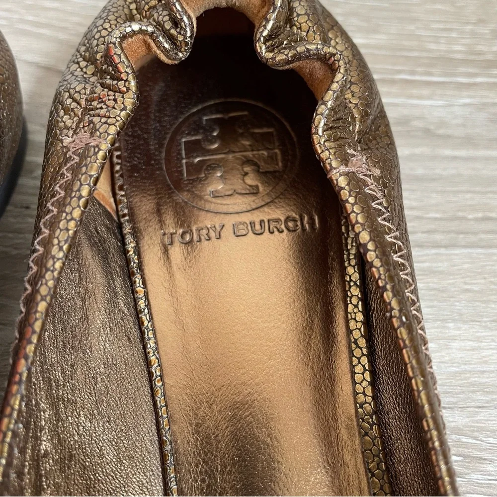 Tory Burch Reva Travel Ballet Flats Bronze Metallic Pebbled Leather Size 7